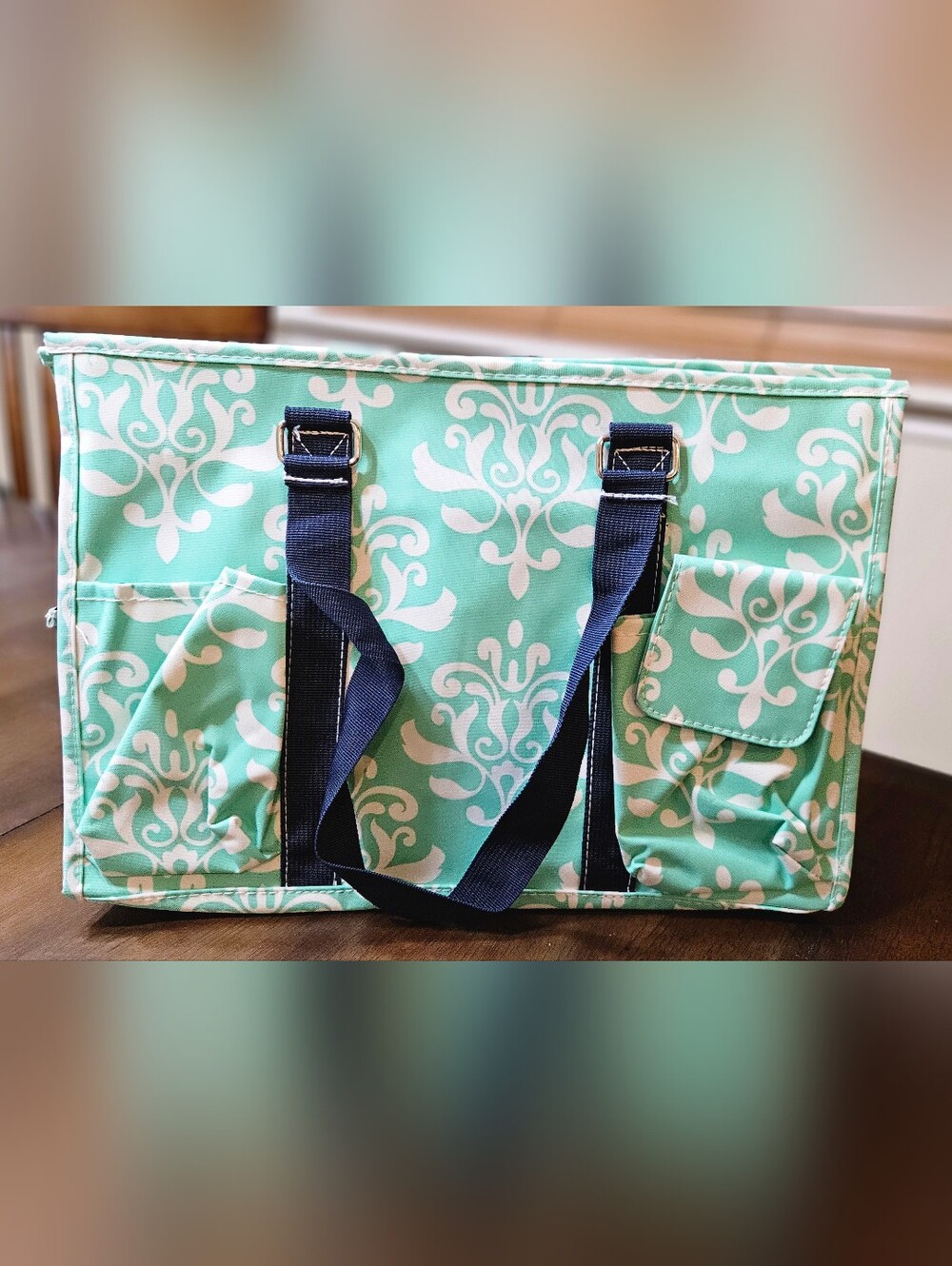 Mint and White Patterned Tote with Navy Straps